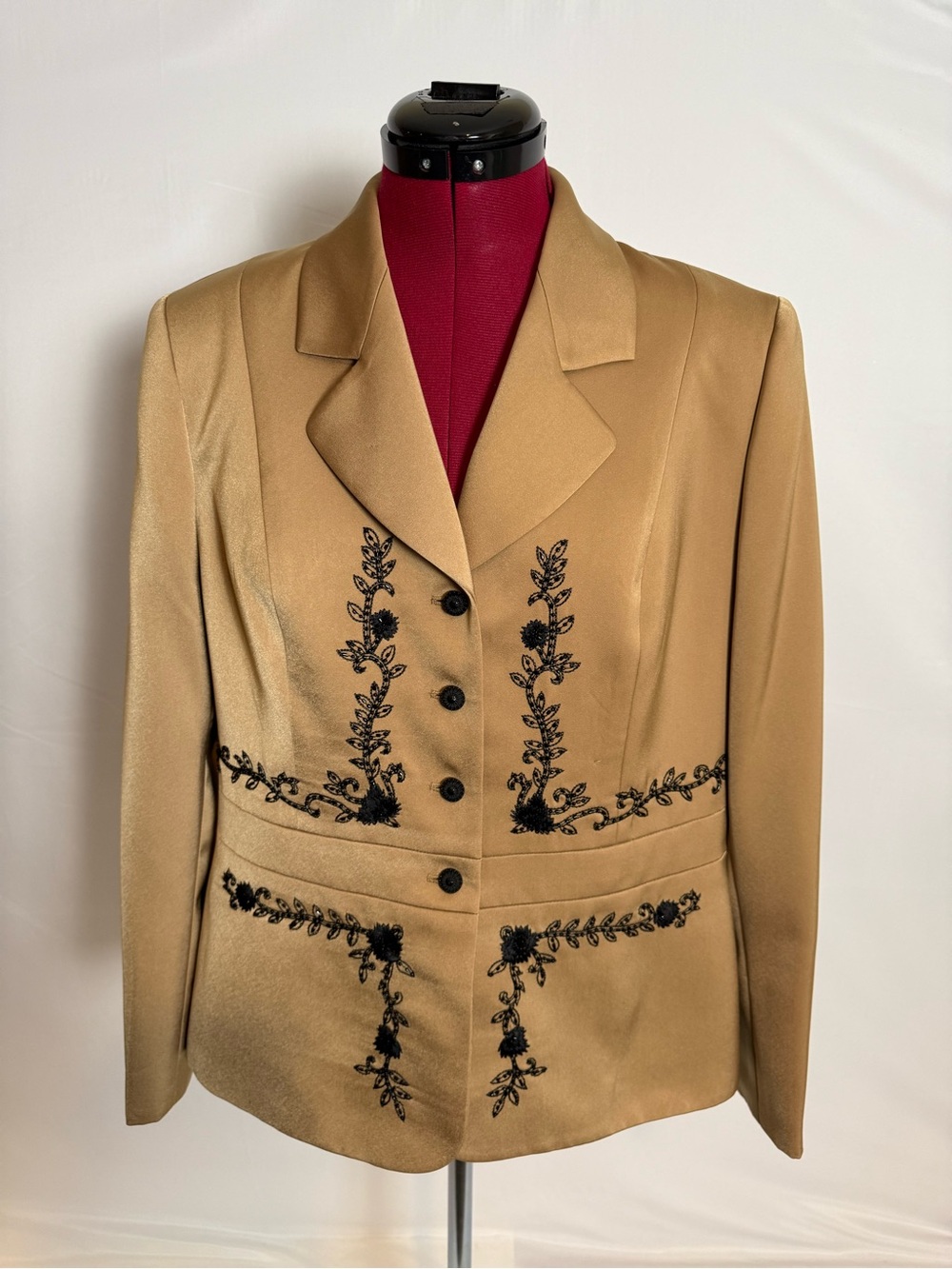 Kasper Blazer Women's Size 14P Camel with Black Floral Embroidery Long Sleeves